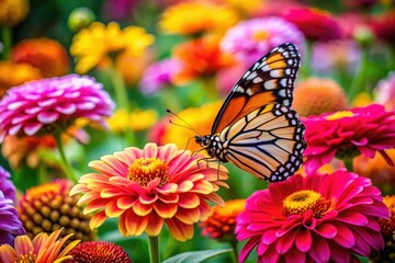 Fototapeta premium Amidst a lively backdrop, a colorful butterfly settles on radiant petals, creating a picturesque moment that captures the essence of nature's vivid beauty in full bloom.