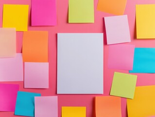 Colorful sticky notes surround a blank piece of paper on a vibrant background, perfect for creativity and organization ideas.