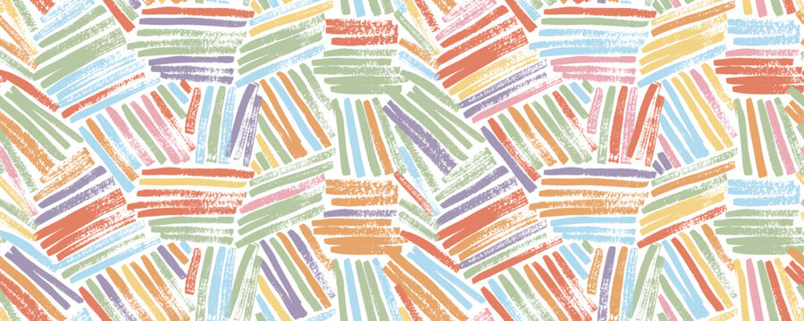 Colorful weave seamless pattern with straight brush stokes. Rough textures lines in different direction. Intricate basket or bamboo texture. Hand drawn childish style seamless banner background.