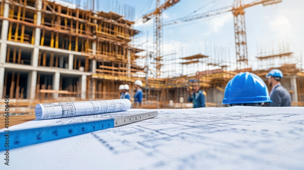Poster construction site with blueprints and workers in hard hats overseeing building progress.