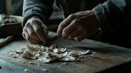 Close-up of hands carving wood shavings on a workbench, showcasing craftsmanship.