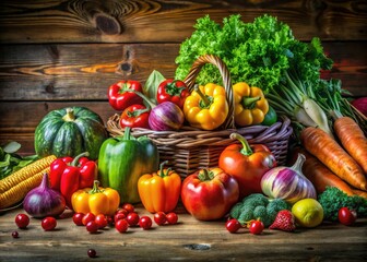 Naklejka premium An assortment of bright, colorful fruits and vegetables elegantly presented on a rustic wooden table, showcasing the beauty and freshness of natureâ€™s harvest.