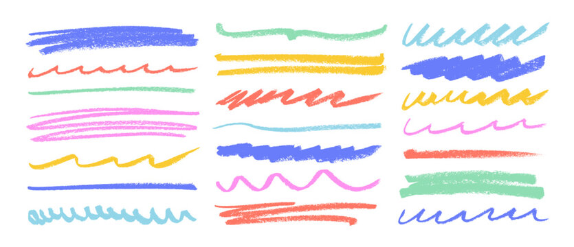Kid's style crayon scribbles, colorful underlines, straight and wavy doodle lines. Charcoal drawn smears and strike through set.