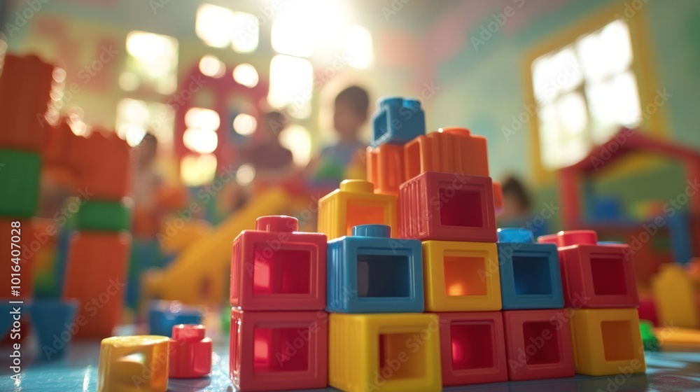 Poster colorful building blocks stacked in a playful environment with children in the background.