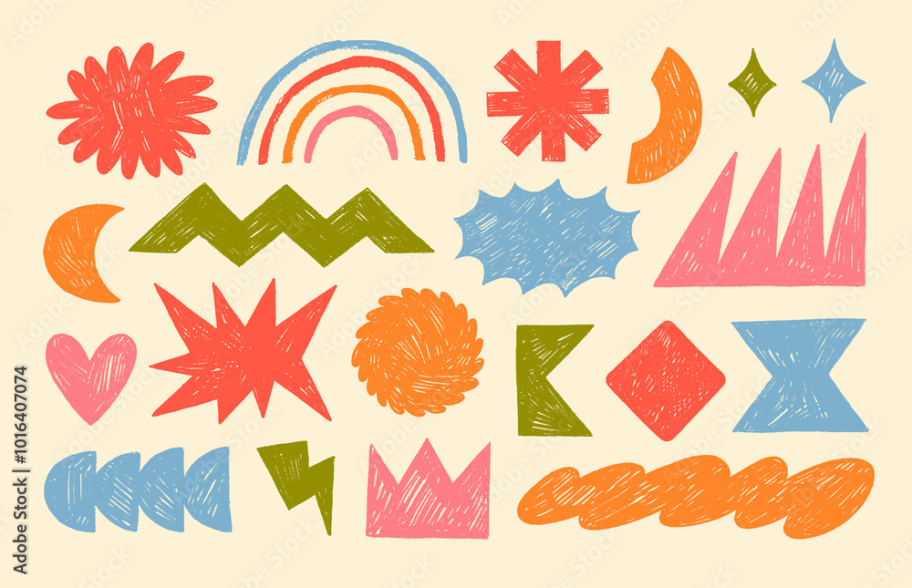 Aufkleber colored crayon drawn funky style geometric shapes and figures. doodle primitive forms with pencil te