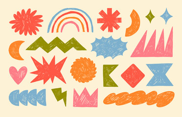 Colored crayon drawn funky style geometric shapes and figures. Doodle primitive forms with pencil texture.