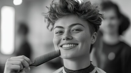 A smiling person holding a comb in a salon setting, showcasing a cheerful atmosphere.