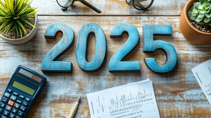 Colorful wooden numbers representing the year 2025 arranged on a rustic wooden desk