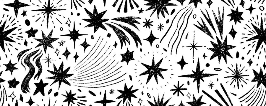 Seamless pattern with stars and comets drawn by a crayon. Sketch style repeated cosmos motif. Night sky seamless banner background.
