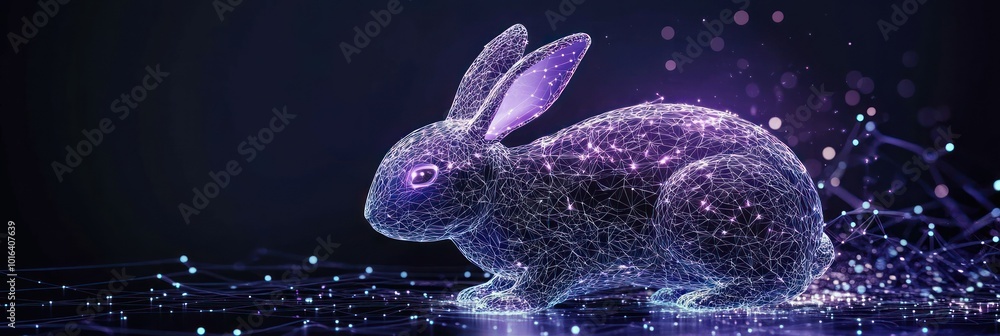 Poster a digital representation of a rabbit composed of glowing particles and lines.