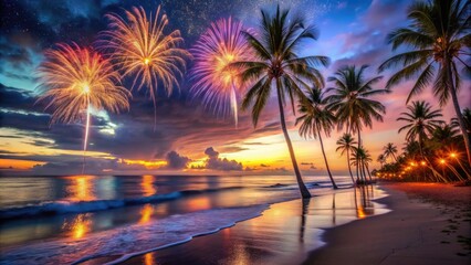 Vibrant fireworks illuminate a serene oceanfront at dusk, with palm trees swaying gently beneath a starry sky, as waves gently lap at the sandy shore.