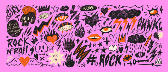 Girly style punk and rock crayon drawn stickers. Hand drawn gothic hearts and eyes, lightning, skulls and rock'n'roll phrases.