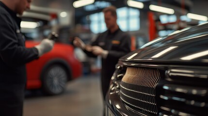 Obraz premium Two mechanics working on a car in an auto repair shop.