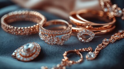 Elegant rose gold jewelry pieces on a soft velvet background, featuring rings, bracelets, and earrings in a chic arrangement