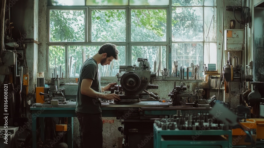 Poster a person working in a machine shop with tools and machinery in a well-lit environment.
