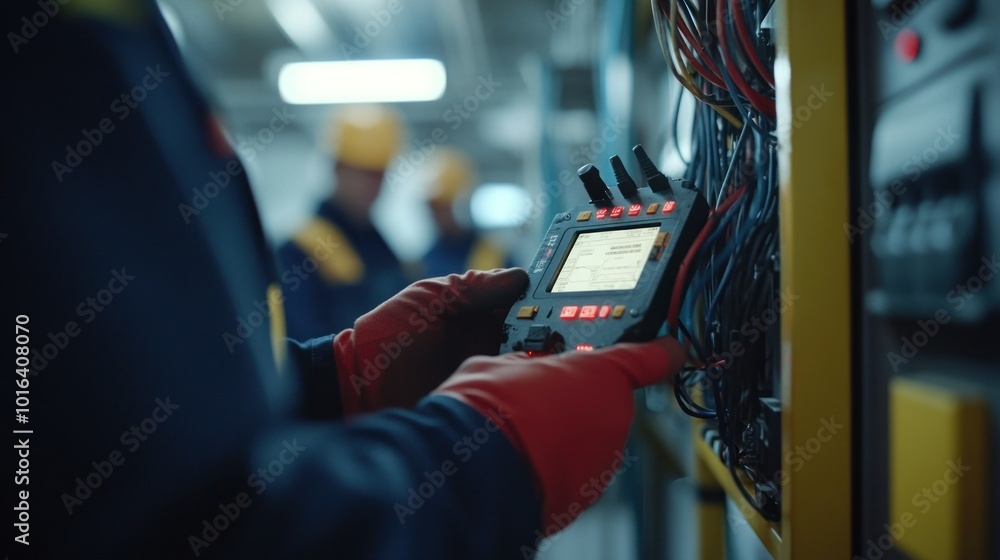 Poster technician using a device to test electrical connections in an industrial setting.
