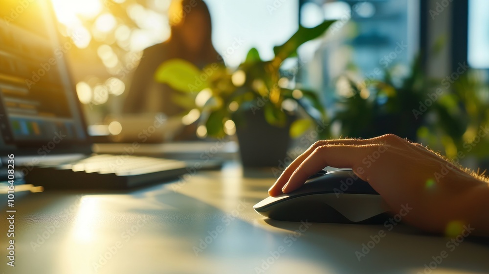 Poster a hand using a computer mouse with plants and a laptop in a bright office setting.