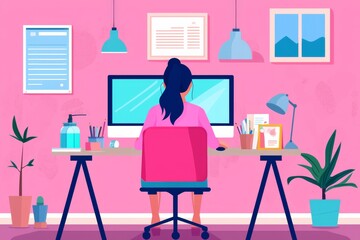 Woman Sitting at a Desk Coding on a Computer, Surrounded by Plants and Creative Decor in a Bright Home Office