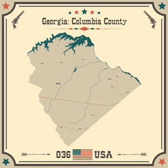 Large and accurate map of Columbia County, Georgia, USA with vintage colors.