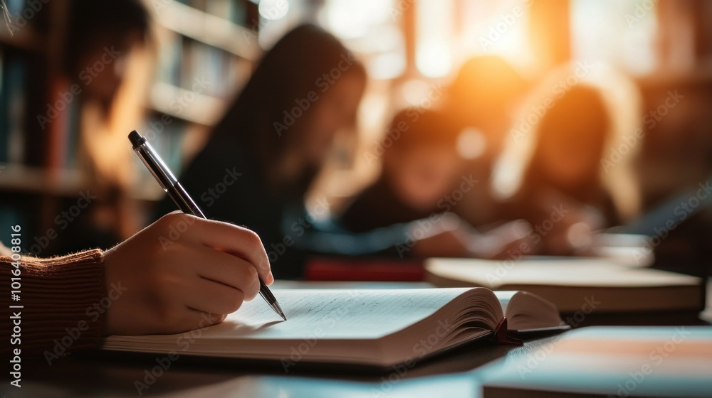 Poster a student writing in a notebook, surrounded by peers studying in a library.