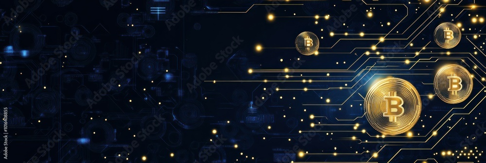 Poster a digital representation of bitcoin with a tech-inspired background.