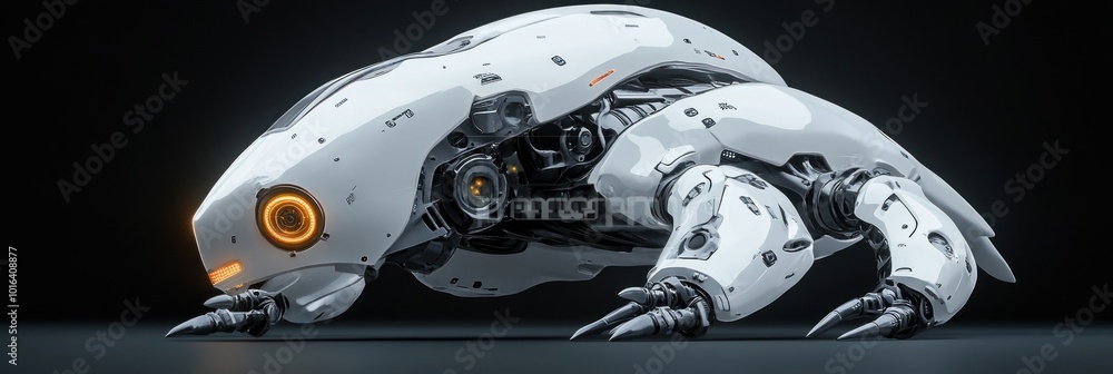 Poster a futuristic robotic turtle with mechanical features and glowing elements.