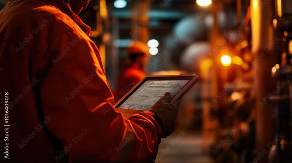 Poster a worker using a tablet in an industrial setting with machinery and dim lighting.