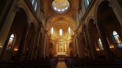The interior of a church with high vaulted ceilings and stained glass windows.