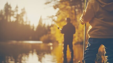 A serene fishing scene at sunset with two individuals by the water.
