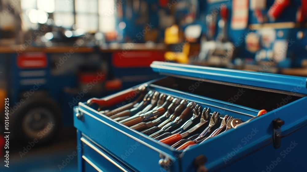 Aufkleber a blue toolbox filled with various tools in a workshop setting.
