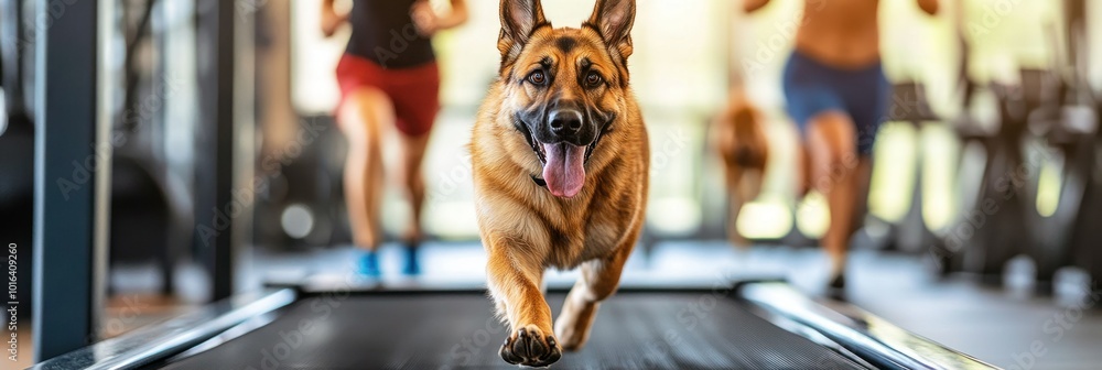 Poster a dog running on a treadmill in a gym while people exercise in the background.