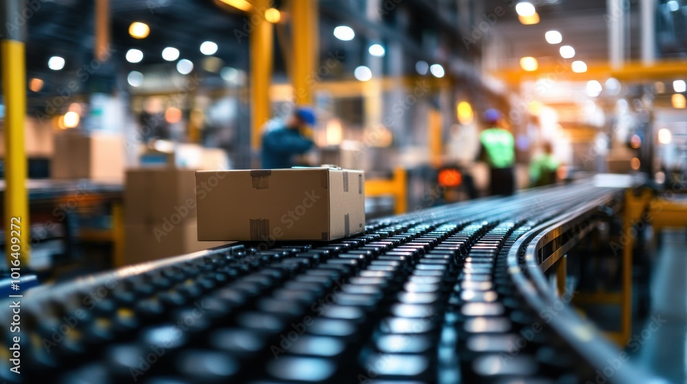 Sticker A conveyor belt transporting a cardboard box in a busy industrial setting.