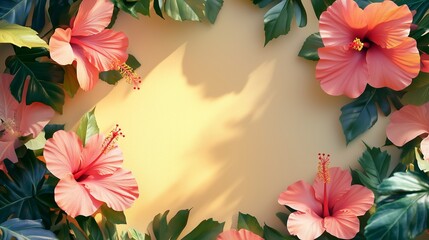 Hibiscus red flower and leaves rounded frame blank center space nature background
