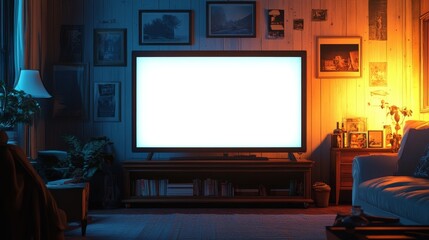 The interior design of the modern living room features a large TV on the bookshelf, with a blank white screen suitable for customizing content. Warm atmosphere, minimalist design