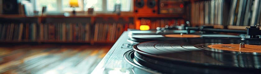 Obraz premium Vintage record players and vinyl collections, nostalgic and artistic, Urban, Soft tones, Photograph, Musical heritage