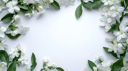 Jasmine white flower and leaves rounded frame blank center space nature background