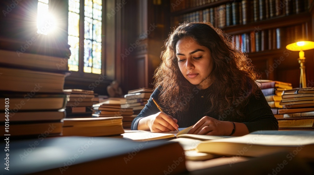 Poster a focused individual studies in a library surrounded by books, highlighting knowledge and learning.