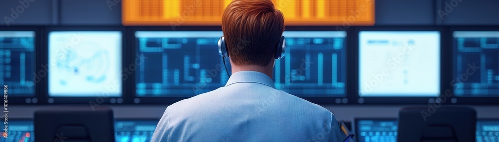 Aufkleber a person monitors multiple screens, showcasing data analysis and technology in a control room settin