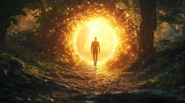 A person walking through the shining gate of light symbolizes personal transformation and abandonment of old beliefs. The scene captures a profound moment of change, bidding farewell to the past self.