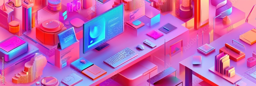 Poster a vibrant digital workspace filled with tech gadgets and colorful objects for creative tasks.
