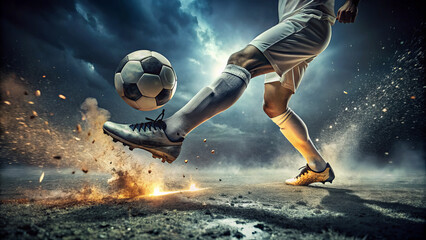 person is kicking soccer ball on dramatic, darkened field, creating dynamic scene filled with energy and motion. atmosphere is intense, highlighting action of game