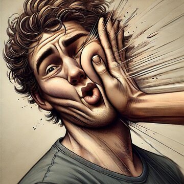 A cartoon-style image depicting a man being slapped, his face exaggeratedly distorted from the impact, capturing a humorous and dynamic expression of surprise and pain.