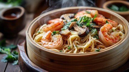 Ready-made noodles in a bamboo container, topped with shrimp, mushrooms, and fresh herbs, steaming hot