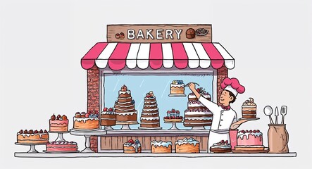 Hand drawing clipart of a bakery with a baker decorating cakes on plain white background