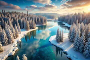 Obraz premium breathtaking aerial view of serene winter landscape featuring frozen lake surrounded by snow covered evergreen trees. tranquil water reflects stunning sky, creating picturesque scene