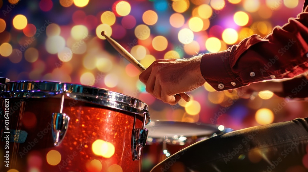 Poster A close-up of a drummer playing with vibrant, colorful lights in the background.