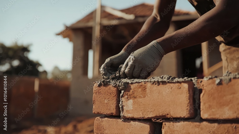Poster a worker laying bricks with mortar at a construction site for building a structure.