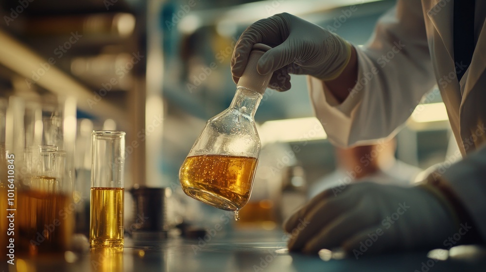 Poster a scientist holding a flask with a golden liquid in a laboratory setting.
