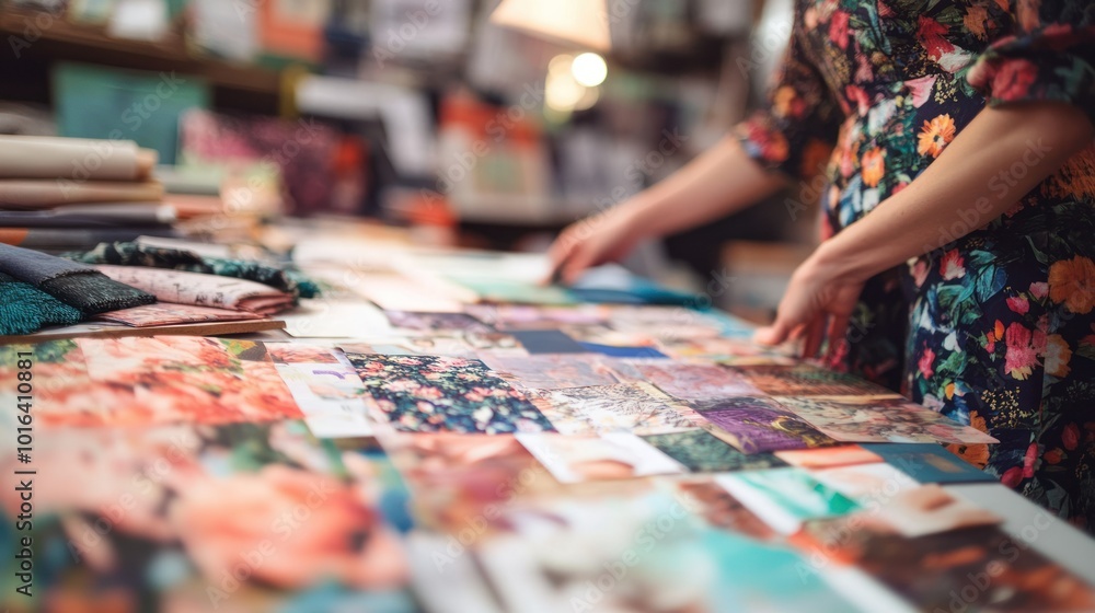 Aufkleber a person arranging colorful prints and fabrics on a table in a creative workspace.