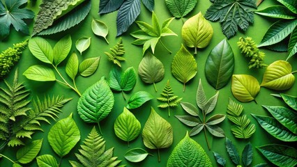 Vibrant green background featuring a scattered arrangement of fresh, natural leaves in various shapes and sizes, evoking feelings of serenity and natural beauty.